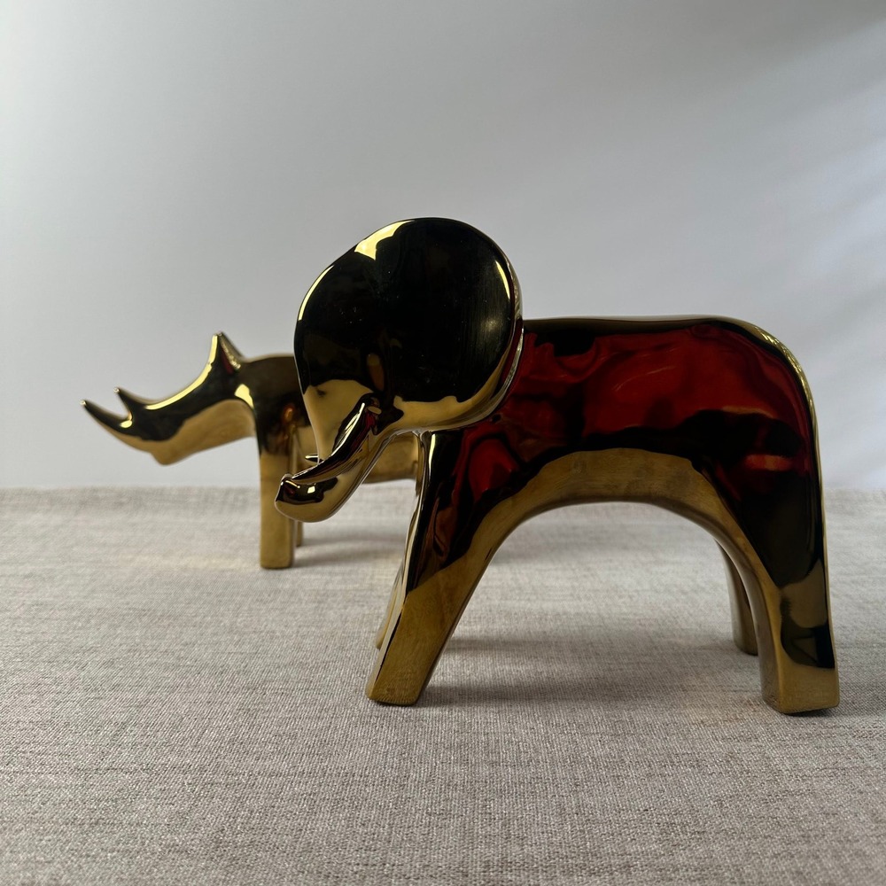 Modern Gold Ceramic Elephant & Rhino Figurines – Set of 2 Sculptural Decor - Picture 3 of 10